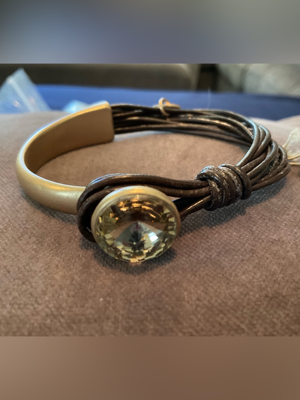 Brown Leather Bracelet with Gold Crystal Accent